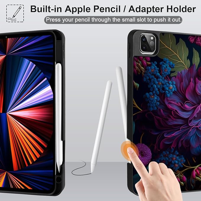 MEEgoodo for iPad Pro M2 12.9 Case 6th/5th/4th/3rd Generation 2022 2021 2020 2018 with Pencil Holder Tablet Cover with TPU Back Shell Beautiful Fantasy Flower