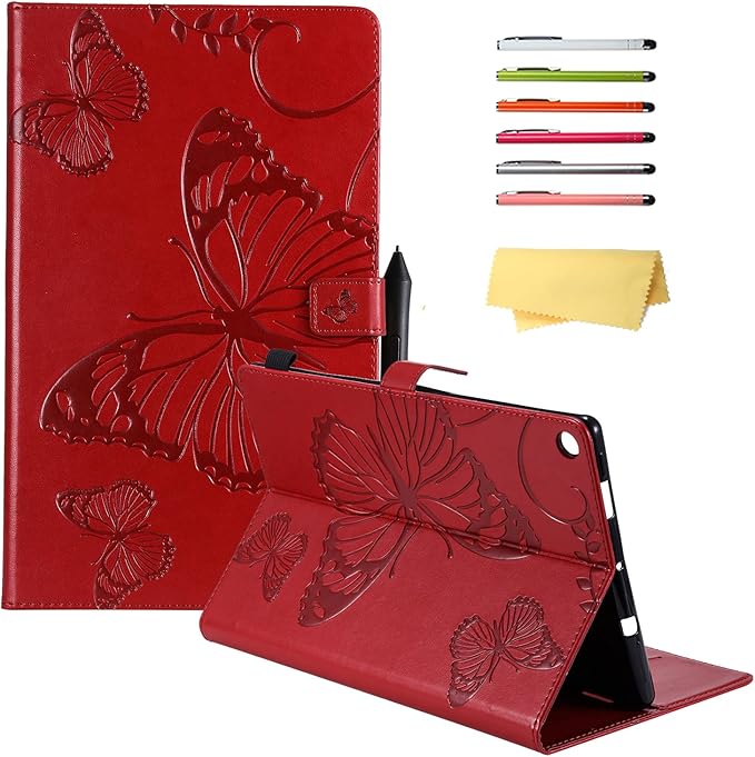 Kindle Fire HD 10 Tablet 2019/2017 Case 9th/7th Generation 10.1 with Pencil Holder Pockets [Auto Sleep/Wake] Folio Stand Embossed PU Leather Magnetic Smart Wallet TPU Cover Red Butterfly