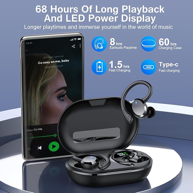 Ear Buds Wireless Bluetooth Earbuds Bluetooth 5.4 Headphones 68hrs Playtime Sport Earphones with LED Display ENC Noise Cancelling Mic IPX7 Waterproof Earbuds with Hook for Sports/Workout/Running