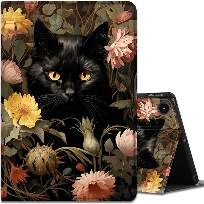 Gold Floral Black Cat