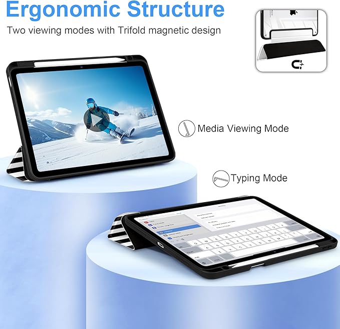 DONGKE Case for iPad Air 11-inch M4 2026 &amp M3 2025 &amp M2 2024 iPad Air 5th/4th Generation 10.9 2022/2020 [Built-in Pencil Holder] Clear Acrylic Back Trifold Stand Smart Cover Black Stripes
