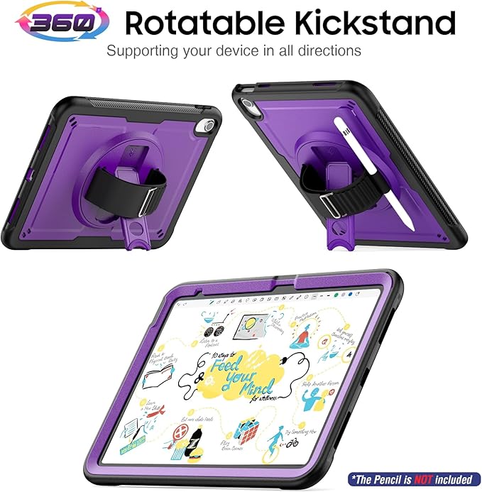 SEYMAC stock Case for iPad A16 11-inch Case 2025/ for iPad 11th/ 10th Generation 10.9'' 2022 Protective with Screen Protector Pen Holder Rotate Stand Loop Nylon Hand Strap Shoulder Strap Purple