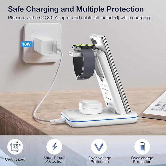 Wireless Charger for Samsung/Android HOLYJOY Foldable 3 in 1 Fast Charging Station/Stand/Multi Charger for Samsung S25 Ultra/S24/Note 20Travel Pad for Galaxy Watch 8/7/6/5/4/Active 2For Buds(Ivory)
