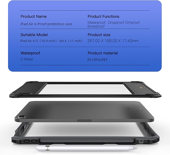 IP68 Waterproof Case Compatible with iPad Air 11-in. M3/M2 4th/5th Gen A3226/7 A2902/3 w/ [Pencil Holder] Kickstand Lanyard Shock-Dust-Proof Full-Sealing Cover Compatible with Magic Keyboard