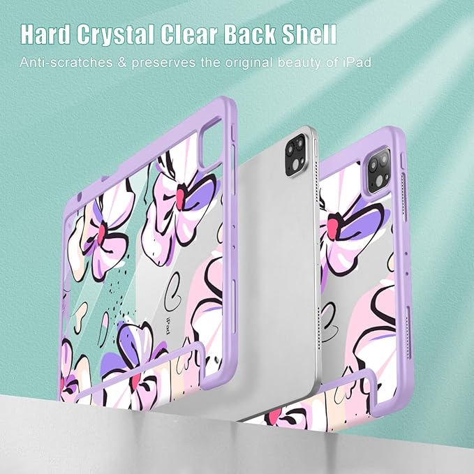 Mektron Case for iPad Pro 11 inch (4th 3rd 2nd &amp 1st Gen) 2022 2021 2020 2018 Buit in Pencil Holder with Shockproof Cover Clear Shell + Auto Wake/Sleep Pink Flowers