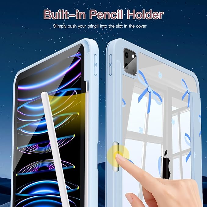 Teryeefi for iPad Air 11-Inch Case M4 M3 M2 (2026 2025 2024) iPad Air 4th/5th Generation iPad Pro 11 in 4th/3rd/2nd/1st Generation - Clear Back Cover with Pencil Holder Auto Wake/Sleep-Blue Bows