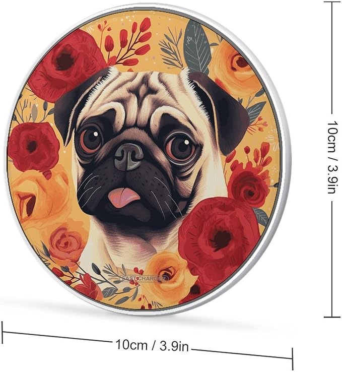 Pug Flower Wireless Charger Fast Wireless Charging Pad with USB Cable 10W Anti-Slip Magnetic Wireless Charger Portable Slim Charger Puck Travel Charging Station