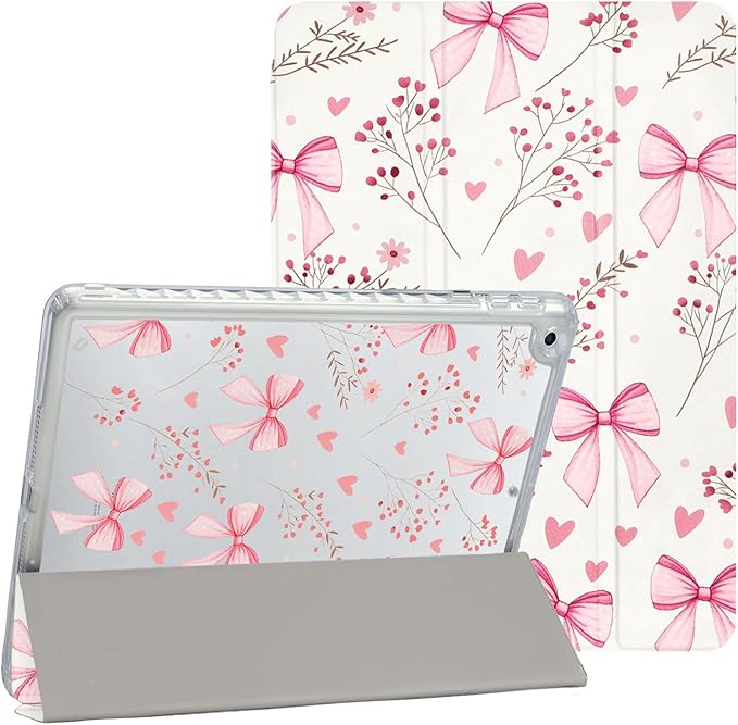 Fycyko Trifold Stand Case for iPad 10.2 InchiPad 9th/8th/7th Generation 2021/2020/2019 Aesthetic Pink Bowknot Flower Pattern with Pencil Holder Shockproof Protective CoverBlossom