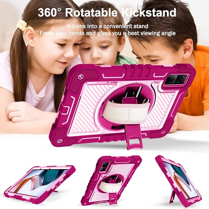 Tablet Case for Xiaomi Redmi Pad 10.61 inches 22081283G Tablet Shockproof Cover with 360° Rotating Stand and Wrist Strap Shoulder Strap Red Rose+Pink
