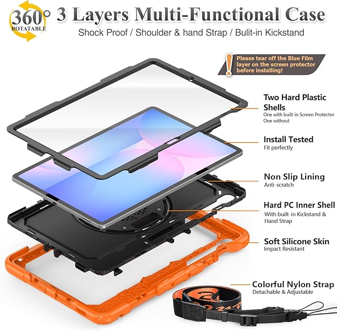 SEYMAC stock Case for Samsung Galaxy Tab S10 FE+ Plus 5G Tablet Case 13.1'' Protective with Screen Protector Pen Holder 360 Rotate Stand Hand Strap Shoulder Strap Orange1