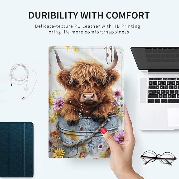 for iPad 9th/8th/7th Generation 10.2 Inch Case 2021/2020/2019 PU Leather Slim Folio Lightweight Multiple Viewing Angles Smart Cover with Auto Wake/Sleep Cute Highland Cow
