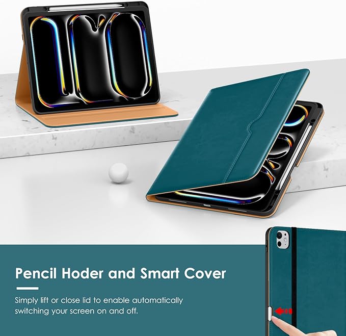 VIKESI Case for iPad Pro 13 (M4) 2024 Leather Stand Cover with Apple Pencil Holder Auto Wake/Sleep Multiple Viewing Angles Built in Hand Strap &amp Pocket Teal