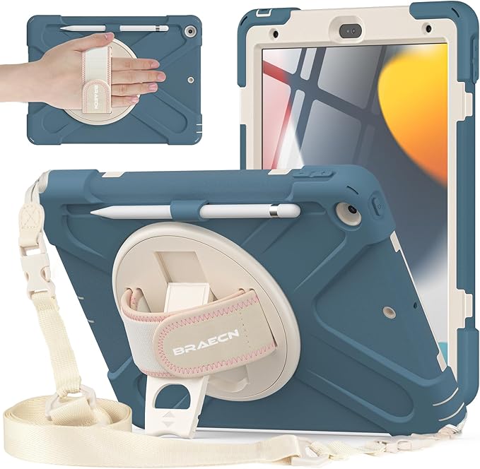 BRAECNstock for Apple iPad 9th/ 8th/ 7th Generation Case 10.2 inch 2021/2020/ 2019 Shockproof Protective Case with Screen Protector Pencil Holder Rotating Hand Strap+Stand Cornflower Blue