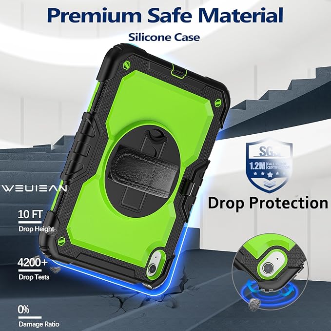 Weuiean Case for iPad A16 11th/10th Generation 11/10.9 Military-Grade Heavy-Duty Shockproof Cover with 360° Rotating Stand Built-in Pencil Holder &amp Adjustable Hand/Shoulder Strap - Green+Black