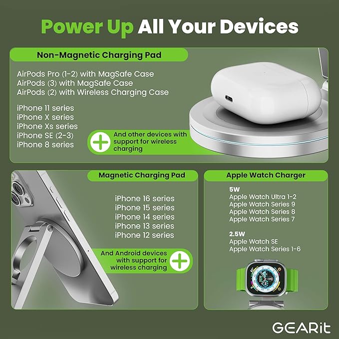 GEARit 3-in-1 Wireless Charging Station - Magsafe Compatible Charger Stand for Phone Watch Earbuds iPhone 14 15 16 16 Pro Pro Max Apple Watch Airpods Samsung Galaxy and Multiple Devices