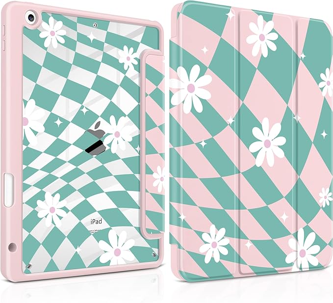 DONGKE for iPad 9th/8th/7th Generation Case 10.2 Inch (2021/2020/2019) [Auto Sleep/Wake &amp Pencil Holder] Clear Acrylic Back Trifold Stand Cover Checkered &amp Daisy