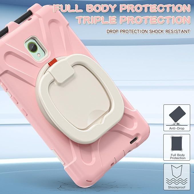Rugged Case for Samsung Galaxy Tab Active5 5G (SM-X306B/X300) w/ 360° Rotating Hanging Ring Handle Grip Kickstand Heavy Duty Shock-Proof Armor Cover w/Shoulder Strap Stylus Holder (Pink)