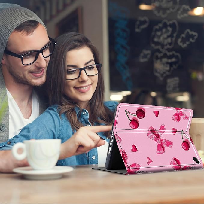 for Fire Hd 10 Tablet Case 13th/11th Generation 2023/2021 ReleaseHybrid Slim Multi-Angles Stand Cover for Kindle Fire HD 10 Plus 13th GenAuto Wake/Sleep-Pink Bows Cherries