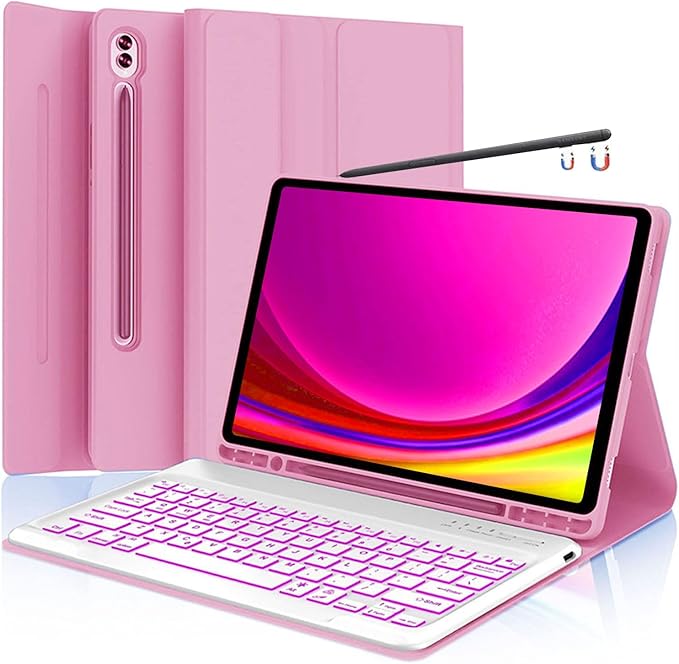 Keyboard Case for Samsung Galaxy Tab S10+ Plus/S9 Plus S9 FE+/S8 Plus S8+/S7 Plus S7+ S7 FE 12.4 Inch Backlit Keyboard case with Pen Holder Pink