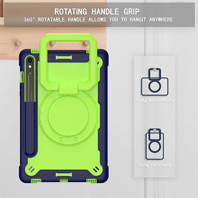 Case for Galaxy Tab S9 FE+/Tab S9+ 12.4 inch Rugged Armor Heavy Duty Hybrid Cover with Adjustable Stand and Handle for Tab S9 Plus 12.4 with Shoulder Strap and S Pen Holder (Blue/Green)