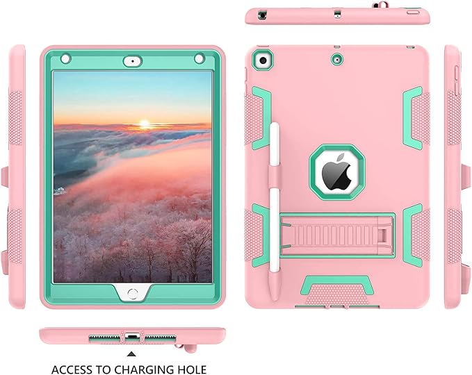 BENTOBEN for iPad 9th Generation Case iPad 8th/7th Gen Case iPad 10.2 2021/2020/2019 Case 3 in 1 Heavy Duty Rugged Kickstand Protective Cover with Pen Holder for Girl Women Rose Gold/Green