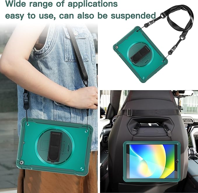 BRAECNstock for iPad 9th/ 8th/ 7th Generation Case 10.2 2021/2020/2019Shockproof Cover with 360° Rotating Hand Strap/StandScreen ProtectorCarrying Shoulder StrapPencil Holder(Midnight Green)