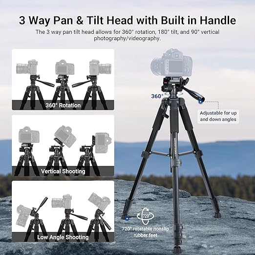 NEEWER Basics Camera Tripod 74 Tripod with Cell Phone Holder Mount Compatible with iPhone for Video Recording Professional Aluminum Lightweight Portable Travel Stand with 3 Way Pan Tilt Head TP56