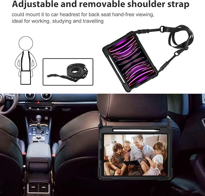 ProCase for iPad Pro 12.9 Inch Case 2022 2021 2020 2018 Rugged Heavy Duty Shockproof Cover with Hand Strap Shoulder Strap for iPad Pro 12.9 6th 5th 4th 3rd Generation –Black