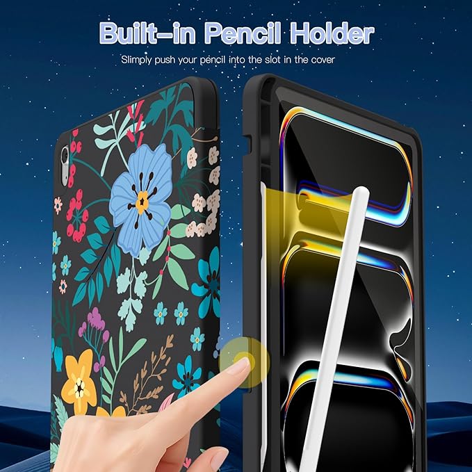 Teryeefi Case for iPad (A16) 11th Generation 11 Inch 2025 &amp iPad 10th Generation 10.9 Inch 2022 with Pencil HolderAuto Wake/SleepTrifold Stand Soft TPU Protective Cover (Pretty Flowers)