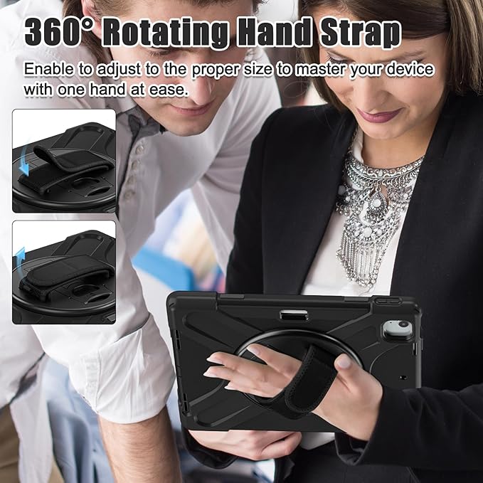 Batianda Case for iPad Air 13 inch 2025 2024 M3/M2 Chip Heavy Duty Rugged Durability Silicone Tablet Cover with 360° Rotating Hand Strap Foldable Hidden Stand &amp Shoulder Strap Black