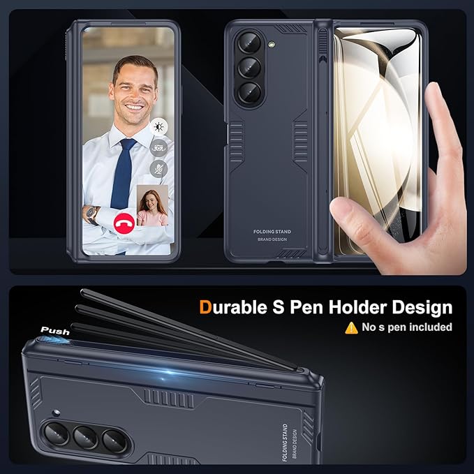 Kaiiecal for Samsung Galaxy Z-Fold-5 Case with S Pen Holder [No Pen] Screen Protector | Hidden Kickstand | Slim Hinge Protection | Scratch Resistent | Anti-Slip Soft Full-Body Cover for Fold5 Blue