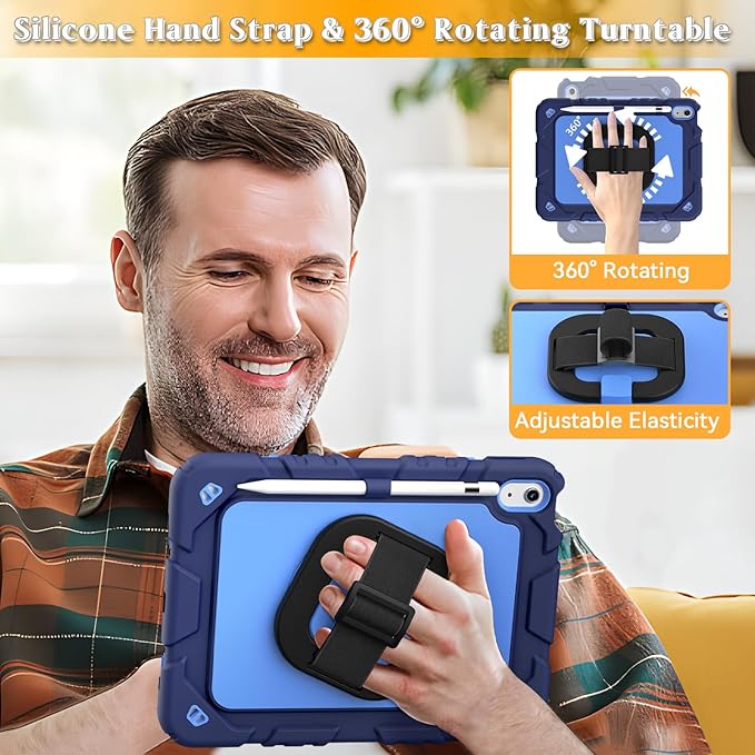 Grifobes for iPad A16 11th/10th Generation Case 2025/2022 for 11 Inch/10.9 Inch iPad Case Cover with Screen Protector 360°Rotate Stand Hand &amp Shoulder Strap Pencil Holder for Kids Navy Blue
