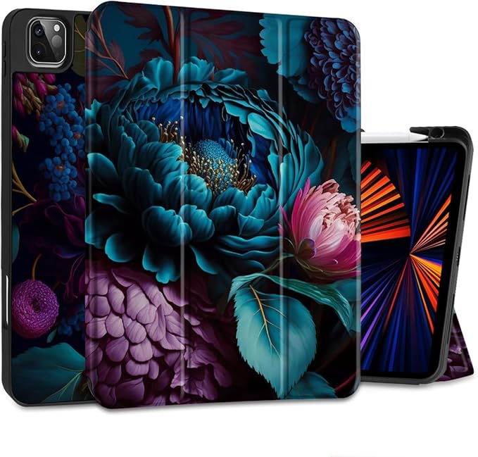MEEgoodo for iPad Pro M2 12.9 Case 6th/5th/4th/3rd Generation 2022 2021 2020 2018 with Pencil Holder Tablet Cover with TPU Back Shell Beautiful Fantasy Flower