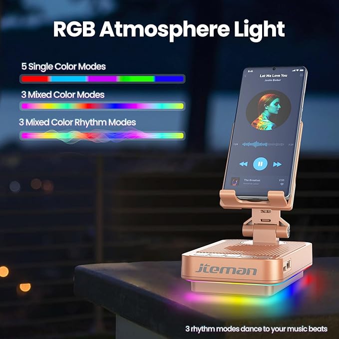 JTEMAN Gifts for Men Women Phone Stand Bluetooth Speaker with Light and Charging Function 360 Rotating Phone Holder Cool Tech Gifts for Dad Mom Husband Unique Birthday Gift Ideas - Rose Gold