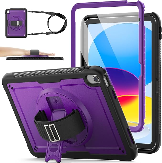SEYMAC stock Case for iPad A16 11-inch Case 2025/ for iPad 11th/ 10th Generation 10.9'' 2022 Protective with Screen Protector Pen Holder Rotate Stand Loop Nylon Hand Strap Shoulder Strap Purple