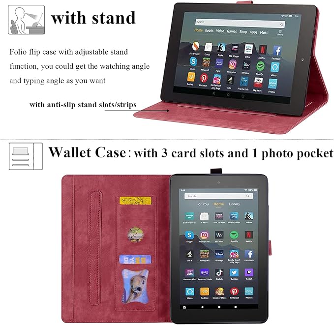 for Amazon Kindle Fire HD 8 &amp Fire HD 8 Plus Case 12th/10th Generation (2024/2022/2020) 8 UUcovers Embossed PU Leather Folio Magneic Cover with Stand/Pencil Holder Cherry Blossom Red Cat