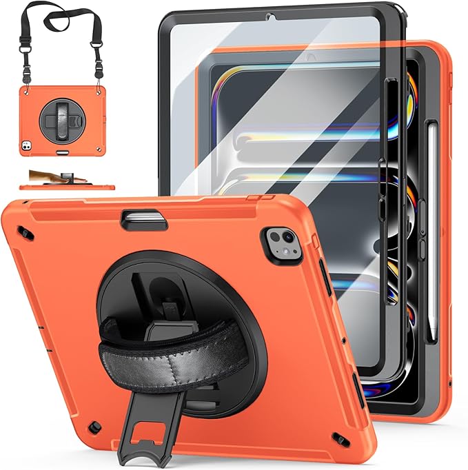 Case for iPad Pro 13 Inch M5 2025/ M4 2024: Military Grade Cover for iPad Pro 13 with Screen Protector - Stand - Handle - Shoulder Strap - Pencil Holder- Orange