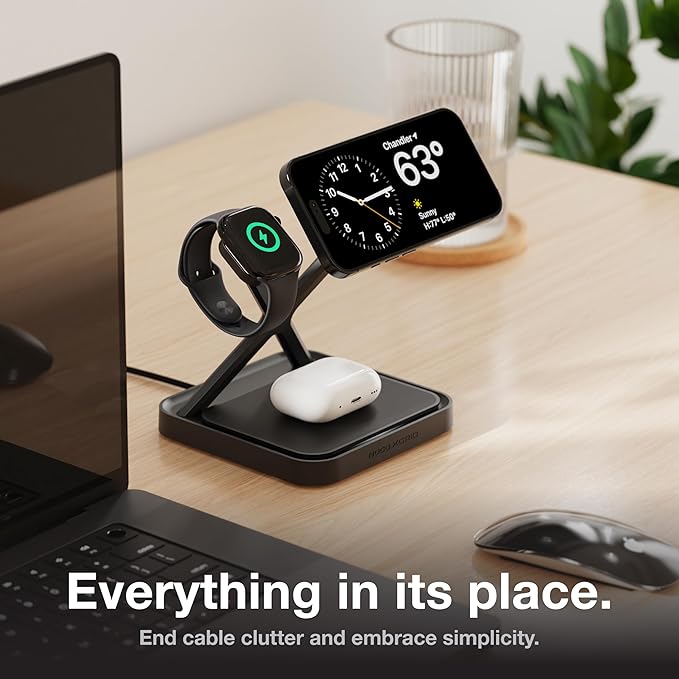 NOCO XGrid XDS3: 3-in-1 Wireless Charging Stand – Charging Station for iPhone Apple Watch and AirPods – MagSafe Compatible Qi2 Certified – Includes 45W USB-C Wall Charger and 6.5-Foot USB-C Cable