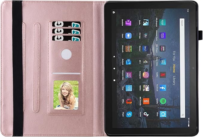 for Amazon Kindle Fire HD 10 &amp HD 10 Plus Case 13th/11th Generation 10.1 inch 2023/2021 Folio Stand Embossed PU Leather Wallet Cover with Pencil Holder/Card Pockes Rosegold Flower Butterfly