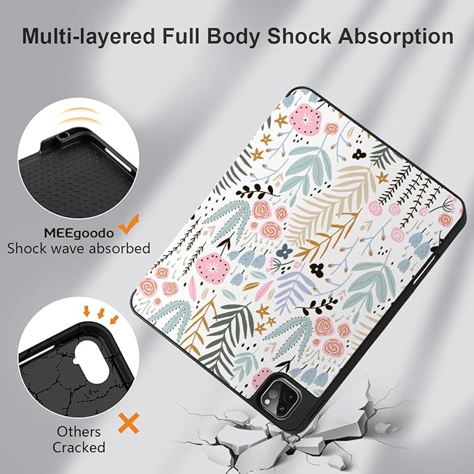 DONGKE Case for 2022/2021/2020/2018 iPad Pro 11 inch Gen 4/3/2/1 - Slim Protective Case - Built in Pencil Holder Support Charging - Trifold Stand &amp Sleep/Wake Cover - Tiny Flowers
