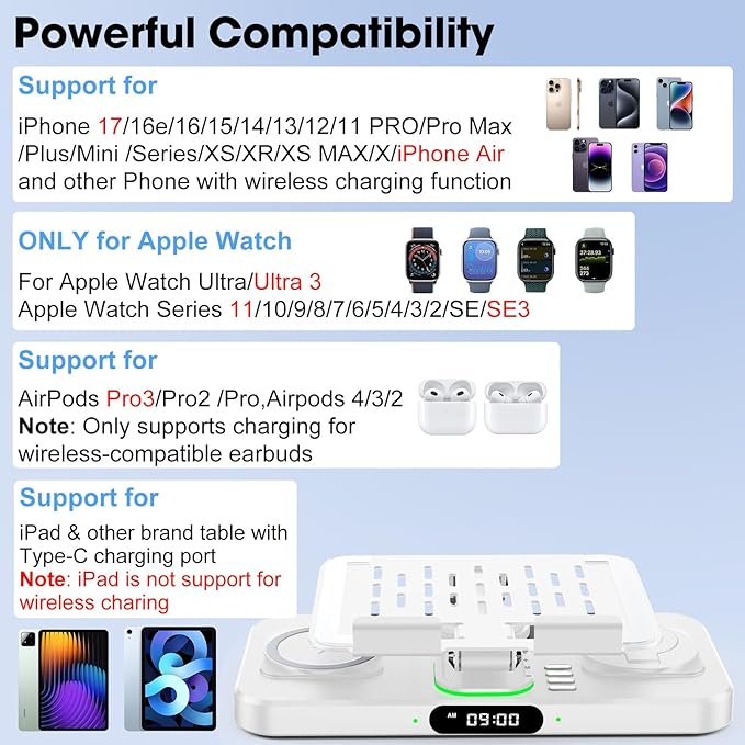 6 in 1 Wireless Charger for Apple Multiple Devices Charging Station with Clock &amp7 Color Ambient Light Foldable Rotate Stand for iPad for iPhone17/16/15 Support for Apple Watch11/10 For AirPods