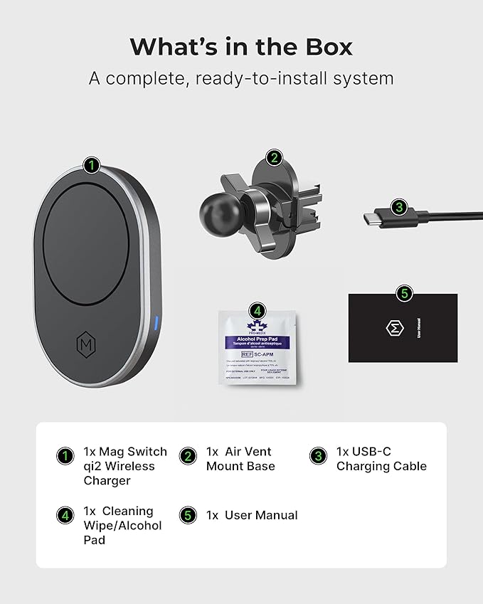 Mag Switch Qi2 Mag Safe Wireless Car Charger Air Vent Mount 15W Fast Charger with a built in on/off switch for charging Strong N52 Magnets Compatible with iPhone 14/15/16/17 Iphone Air