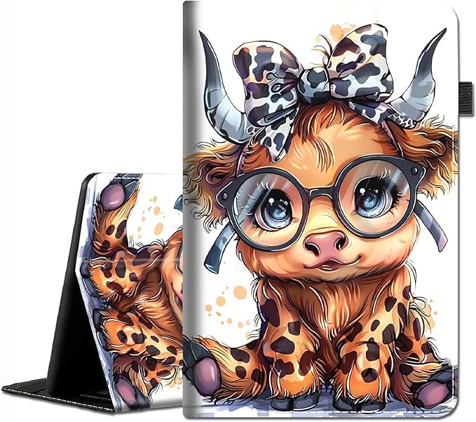 Case for All-New Amazon Fire HD 10 and 10 Plus Tablet (13th/11th Generation 2023/2021 Release) 10.1 - Slim Fit Standing Cover with Auto Sleep/Wake Highland Cow Cute Leopard Bow Baby Cow