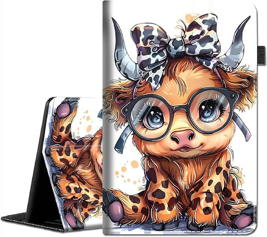 Case for All-New Amazon Fire HD 10 and 10 Plus Tablet (13th/11th Generation 2023/2021 Release) 10.1 - Slim Fit Standing Cover with Auto Sleep/Wake Highland Cow Cute Leopard Bow Baby Cow