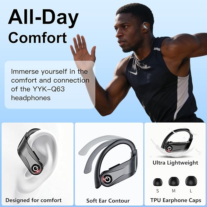 Earbuds Wireless Earbuds 120H Playback Bluetooth 6.1 Headphones IPX7 Waterproof Stereo Bass Over-Ear Headphones with Earhooks Microphone LED Battery Display for Sports Running Workouts