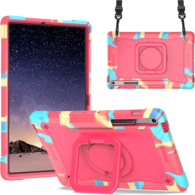DETUOSI Case for Samsung Galaxy Tab S10 FE Plus 13.1 inch 2025 with Pencil Holder Heavy Duty Shockproof Case with Rotatable Stand &amp Shoulder Strap Camouflage Rose Red