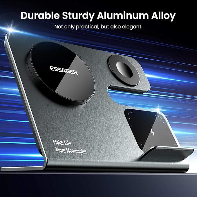 3 in 1 Aluminum Alloy Magnetic Wireless Charging Station Compatible with iPhone 16/15/14/13/12 Series ESSAGER 15W Wireless Charger Office Bedroom Table for Airpods 4/3/2/Pro iWatch with 20W Adapter