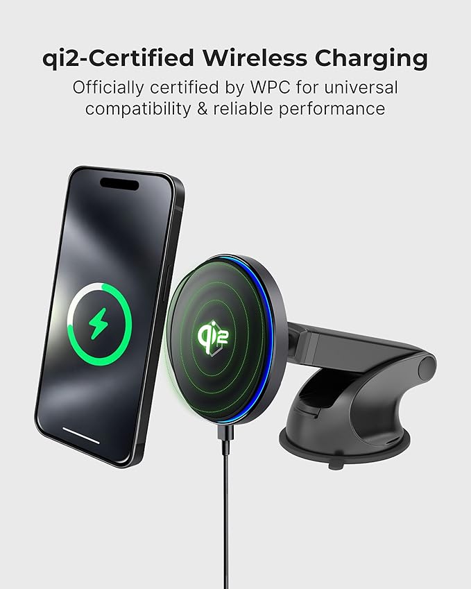 Mag Switch Qi2 Mag Safe Wireless Telescopic Suction Cup Mount 15W Fast Charger with a Built in on/Off Switch for Smarter Charging Strong N52 Magnets Compatible with iPhone 12-17