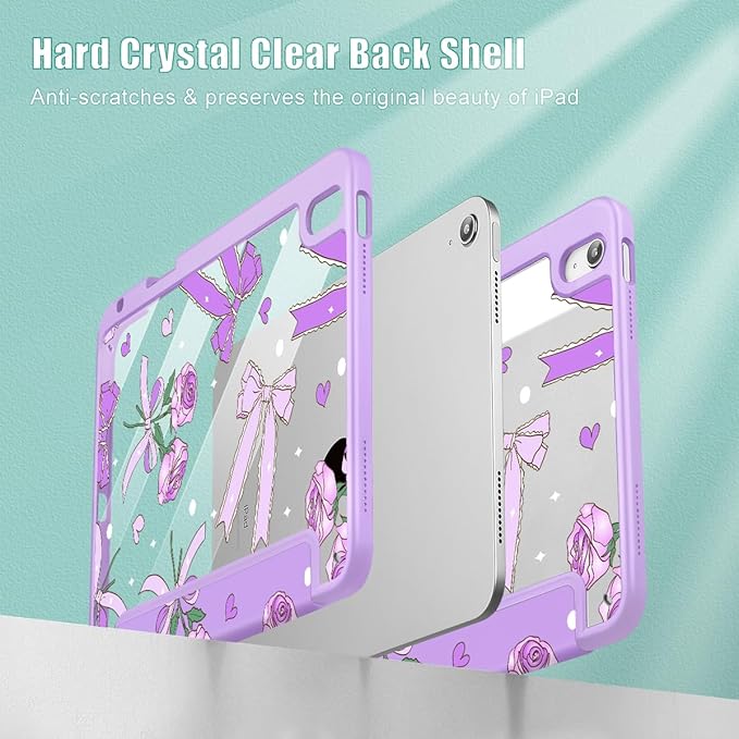 Tuiklol Case for iPad 11 inch (A16 Chip) 2025 Gen 11th / iPad 10.9 inch 2022 10th Gen Buit in Pencil Holder with Shockproof Cover Clear Transparent Back Shell Auto Wake/SleepBow &amp Rose Purple