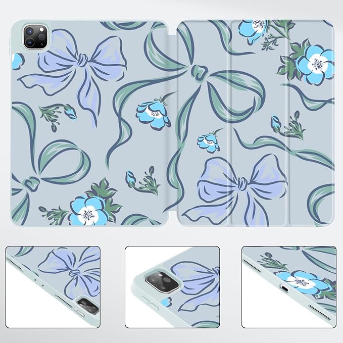Mektron for iPad Pro M2 11-inch 4th/ 3rd/ 2nd/ 1st Gen Case 2022 2021 2020 2018 with Pencil Holder Tablet Cover with Soft TPU Back Cover for 11 inch iPad Pro Flowers-Bows-Blue